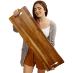 Tabla grande de acacia para servir con asas, rectangular de 36 x 12 pulgadas